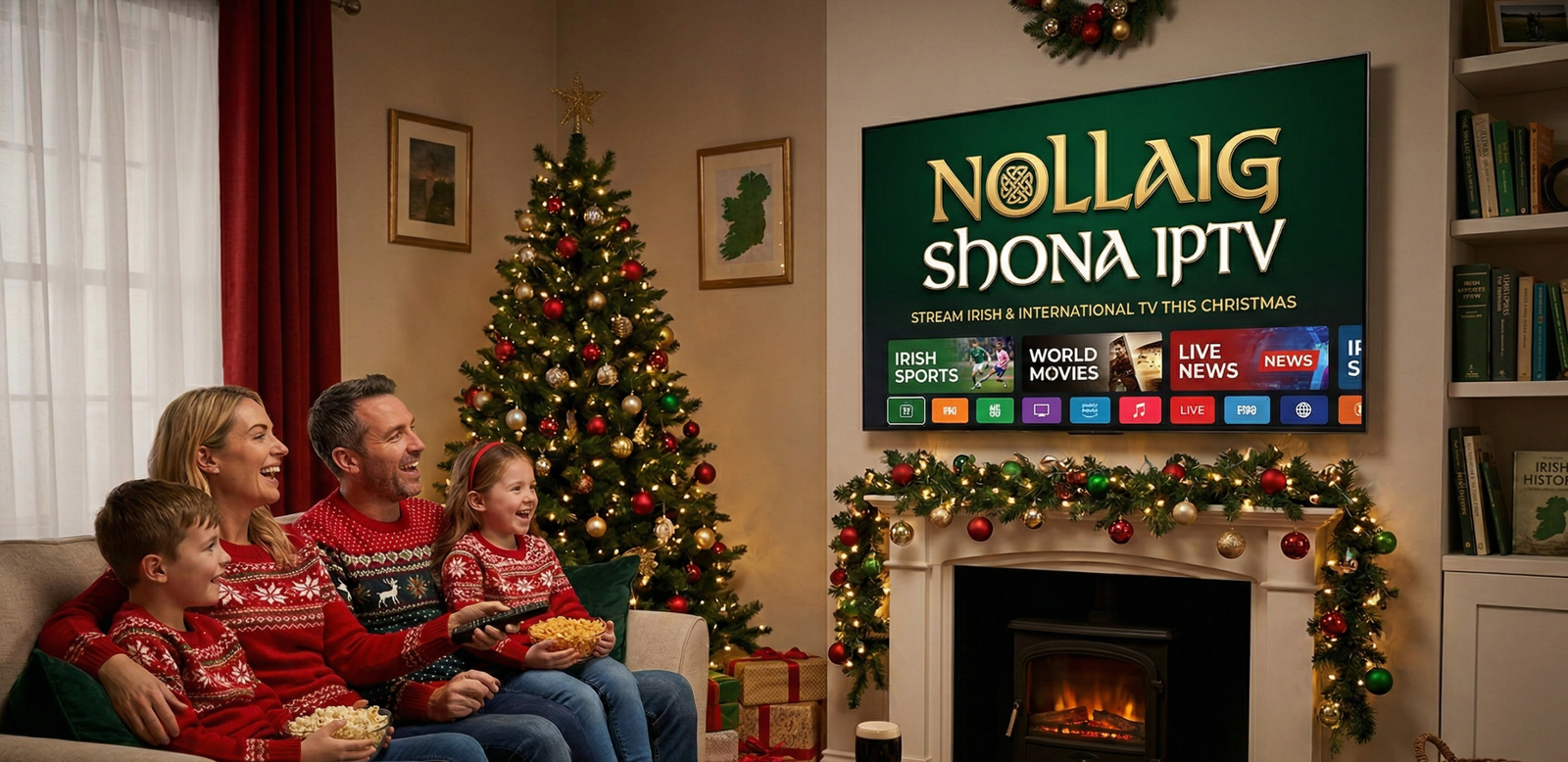 Irish family enjoying IPTV Ireland streaming service on their Smart TV with Nollaig Shona IPTV subscription